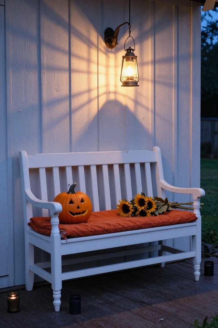 White wooden bench on a porch deck against a white shiplap wall, with orange cushion holding a carved jack-o-lantern pumpkin and bouquet of sunflowers, lit by hanging lantern, wall sconce, and ground candles at dusk.