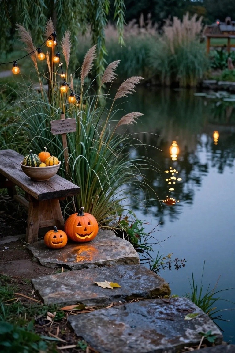 Rustic wooden bench on stone steps beside a pond, topped with a bowl of assorted gourds and small pumpkins, carved jack-o-lanterns on stones below, string lights draped through pampas grass nearby, and a wooden sign amid the plants.