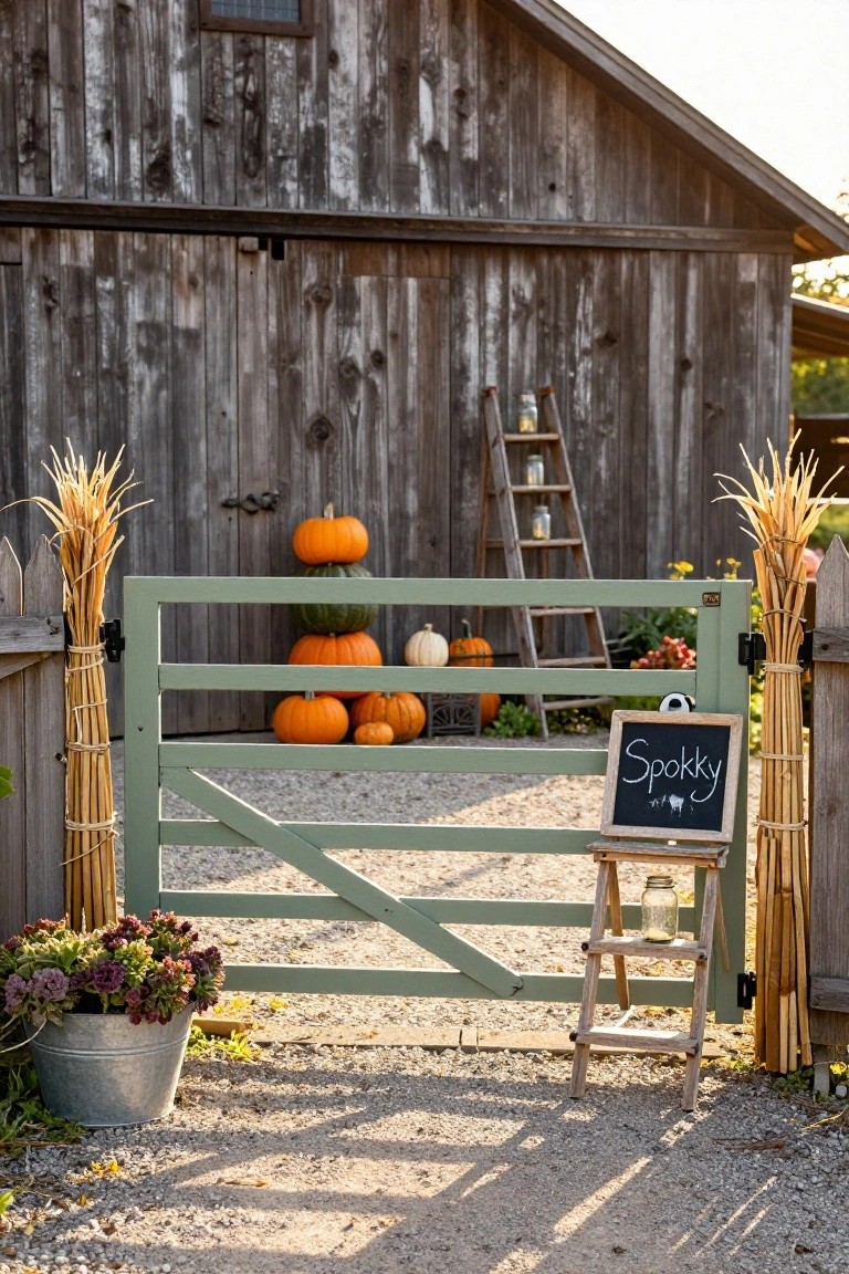 Weathered wooden barn exterior with open green metal gate flanked by cornstalk bundles, stacked orange and green pumpkins, wooden ladder holding glass jars, metal bucket of flowers, and chalkboard sign reading 