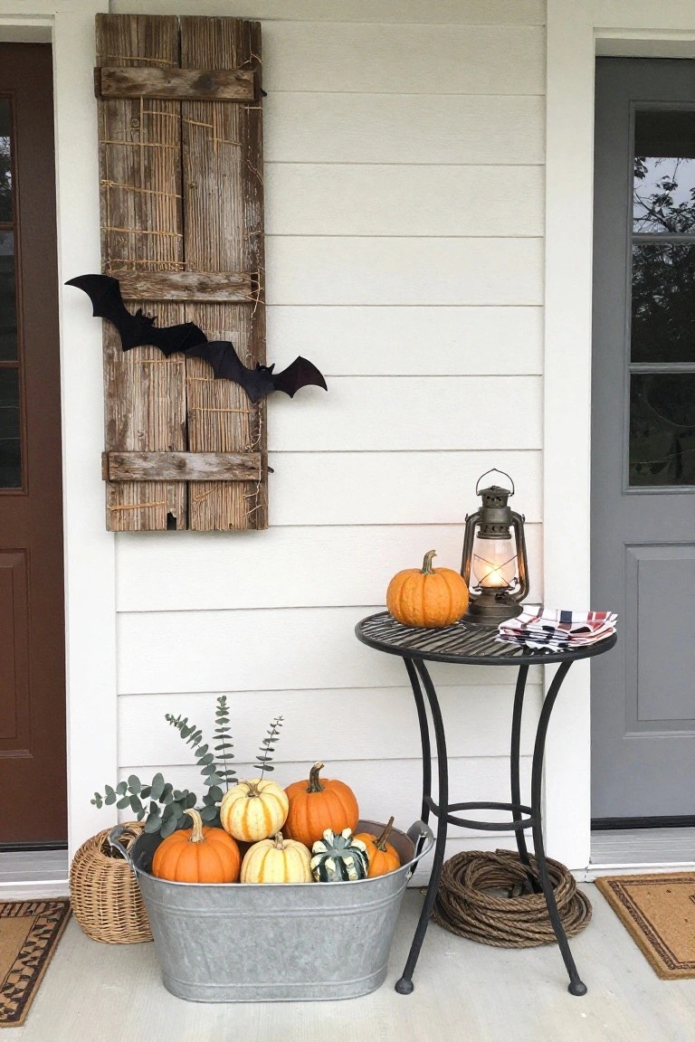 Front porch with white shiplap siding featuring distressed wood shutters with black bat decoration, a small black metal table holding a lantern and orange pumpkin beside a gray door, and a galvanized bucket filled with assorted pumpkins and eucalyptus next to a brown door.