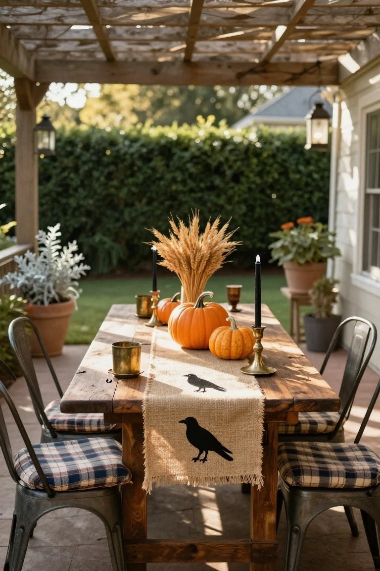 Wooden dining table on a patio under a pergola, decorated with orange pumpkins, wheat stalks, brass candleholders with black candles, and a burlap runner with crow silhouette, flanked by metal chairs and potted plants.