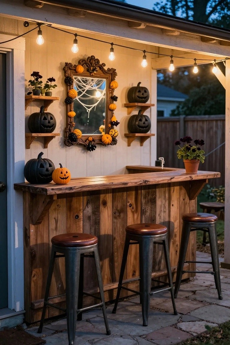 Outdoor rustic wooden bar with black and orange carved pumpkins on top, flanked by shelves holding more pumpkins and plants, ornate mirror with spiderweb decor, potted flowers, string lights overhead, and metal barstools with leather seats on a patio.