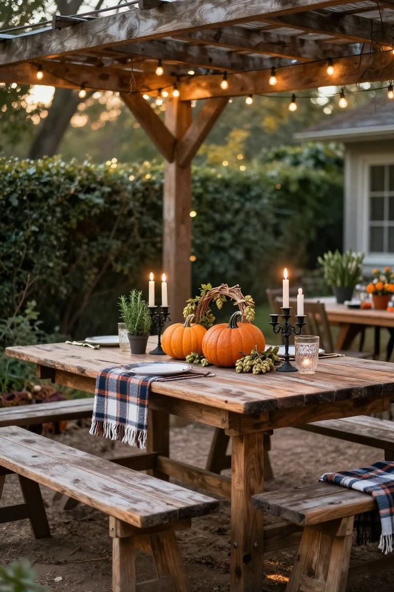 Wooden dining table and benches under a pergola with string lights, set with pumpkins, candles, greenery, and plaid napkin on a gravel patio surrounded by hedges and trees at dusk.