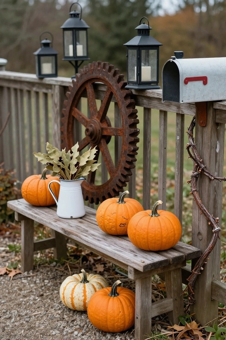 Weathered wooden bench on a porch railing holding white pitcher with fall leaves and cluster of orange and white pumpkins, with black lanterns, rusty gear wheel, and mailbox on wooden fence.