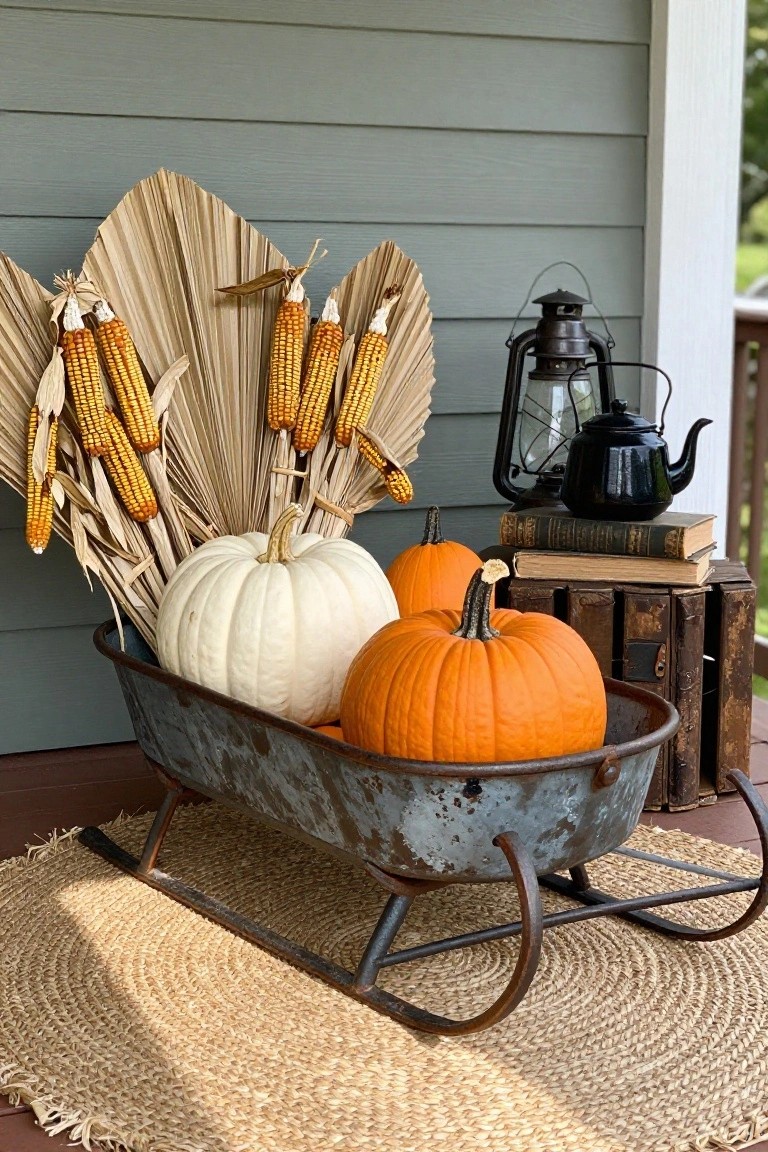 Rusty vintage sled on a porch deck filled with white and orange pumpkins, surrounded by cornstalks, dried palm fronds, corn ears, a black lantern, teapot, and stacked antique books on a wooden crate, against light gray house siding on a round seagrass rug.