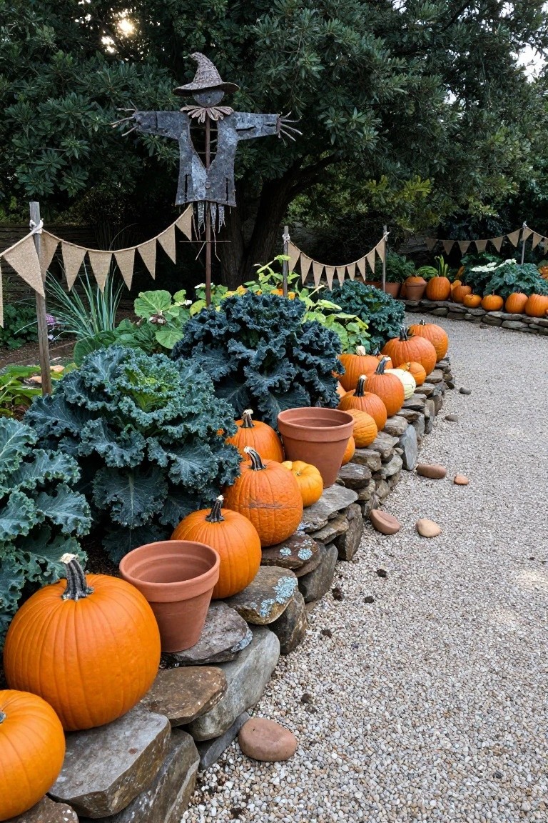 Gravel garden path edged with dry-stacked stone walls planted with curly kale and lined with orange pumpkins in terracotta pots, burlap bunting strung above, and a metal witch scarecrow in the background.