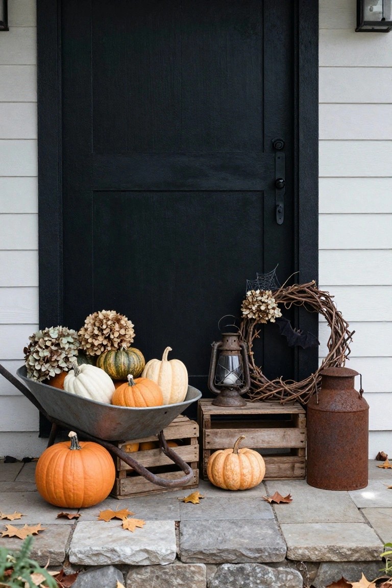 Black front door on white clapboard house with Halloween porch decor including wheelbarrow of assorted pumpkins and hydrangeas, wooden crates, rusty milk can, grapevine wreath with bat, lantern, and fall leaves on stone steps.