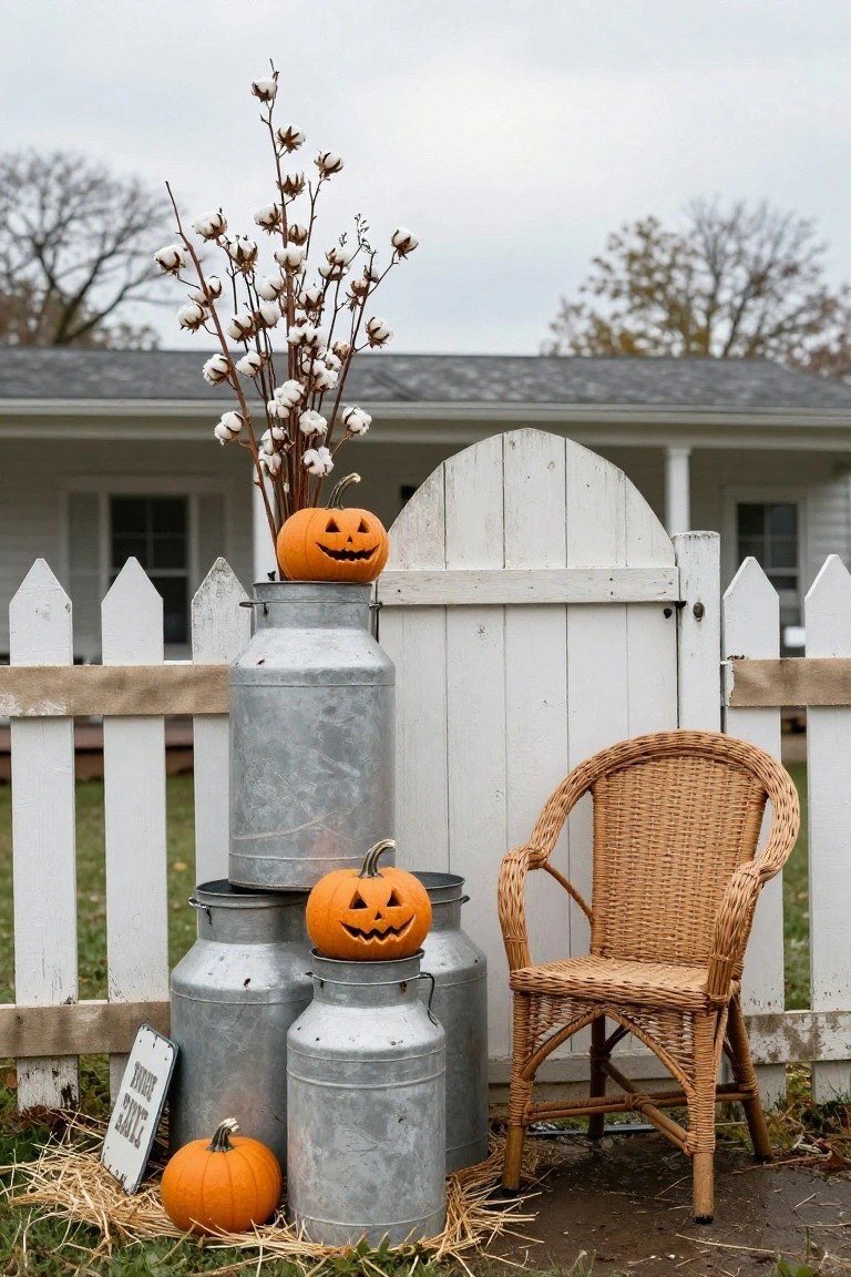 Stacked galvanized milk cans with carved pumpkins on top and small pumpkins at the base, cotton stalks, a wicker armchair, hay, and a sign near a white picket fence gate and house exterior.