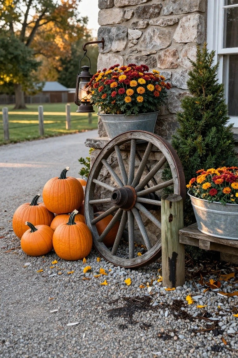 Stone house wall with white window, hanging lantern, orange and red mums in metal buckets, small evergreen shrub, old wooden wagon wheel leaning against a post with stacked orange pumpkins around it on a gravel path lined with fall leaves.