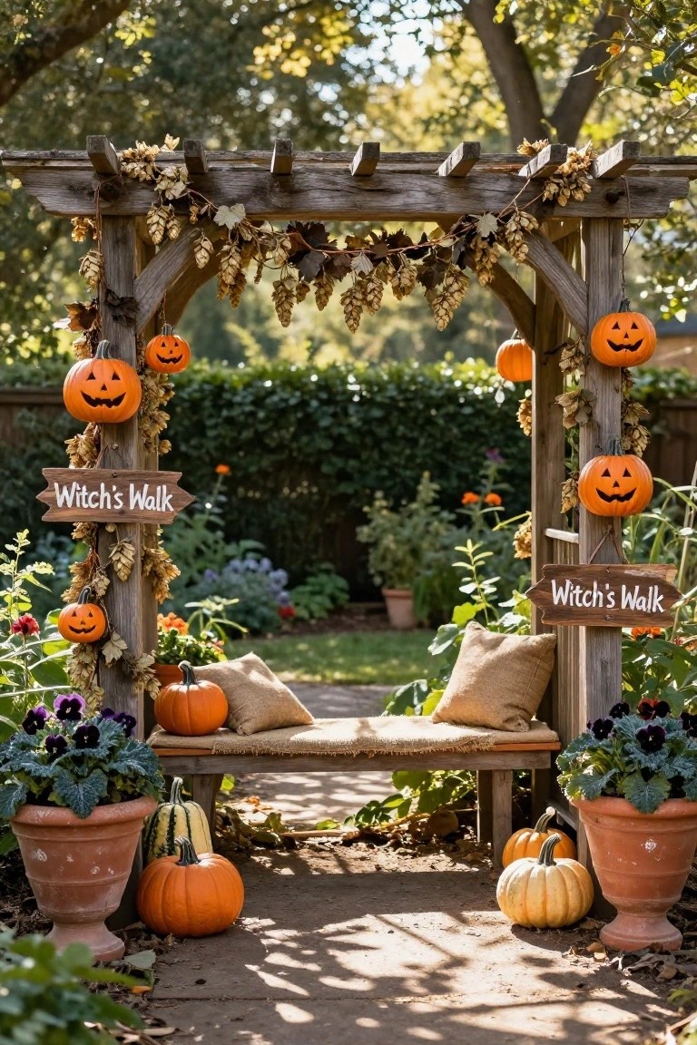 Rustic wooden arbor covered in hop vines and small pumpkins with 