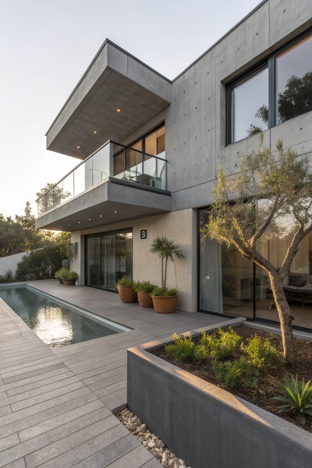 Modern gray concrete house exterior featuring a cantilevered upper balcony with glass railing overlooking a narrow infinity-edge pool, with olive trees, potted plants, and stone decking nearby.
