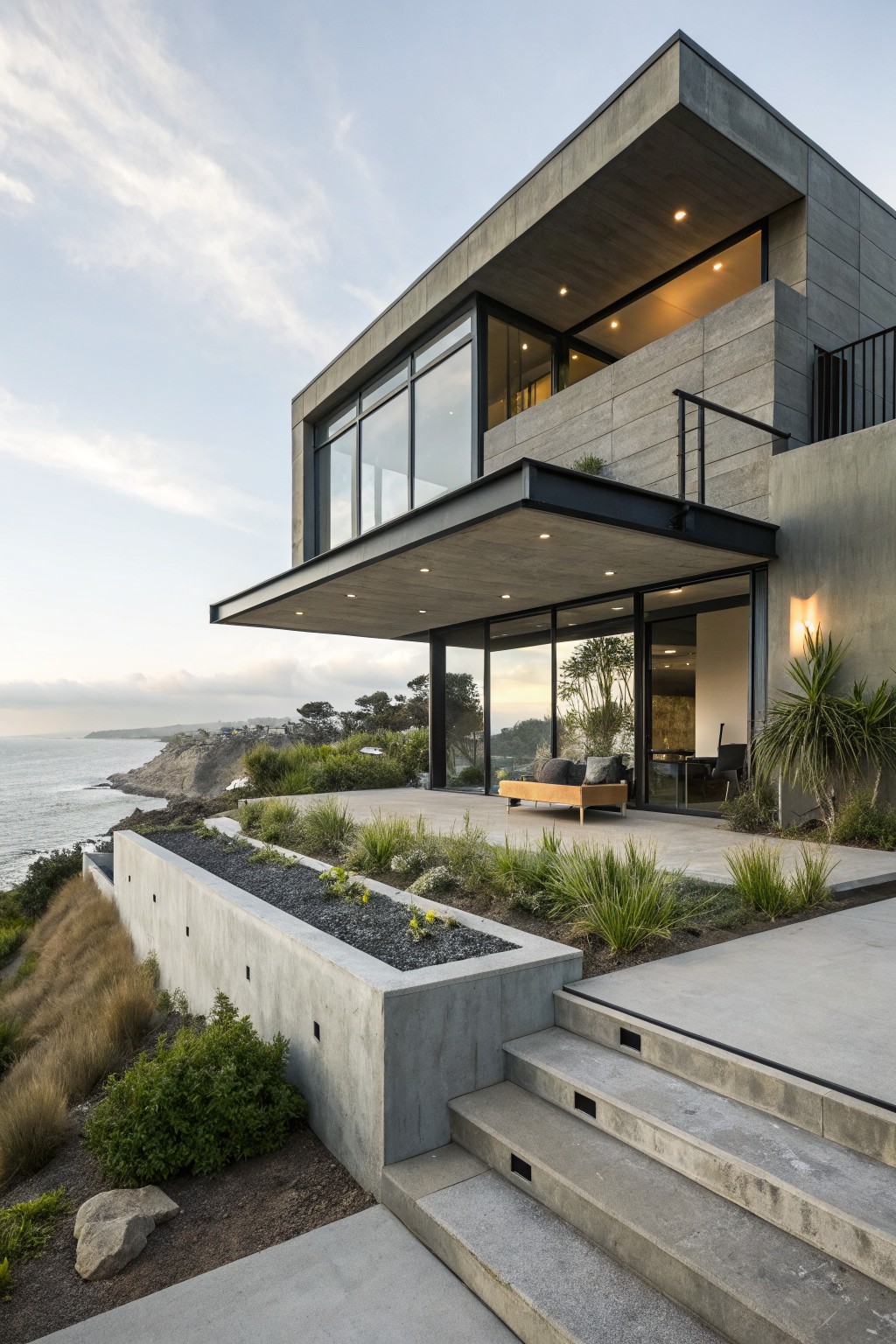 Modern gray concrete house exterior with cantilevered upper level, large glass walls and doors, black steel accents, terrace with seating overlooking ocean cliffs and native plants.