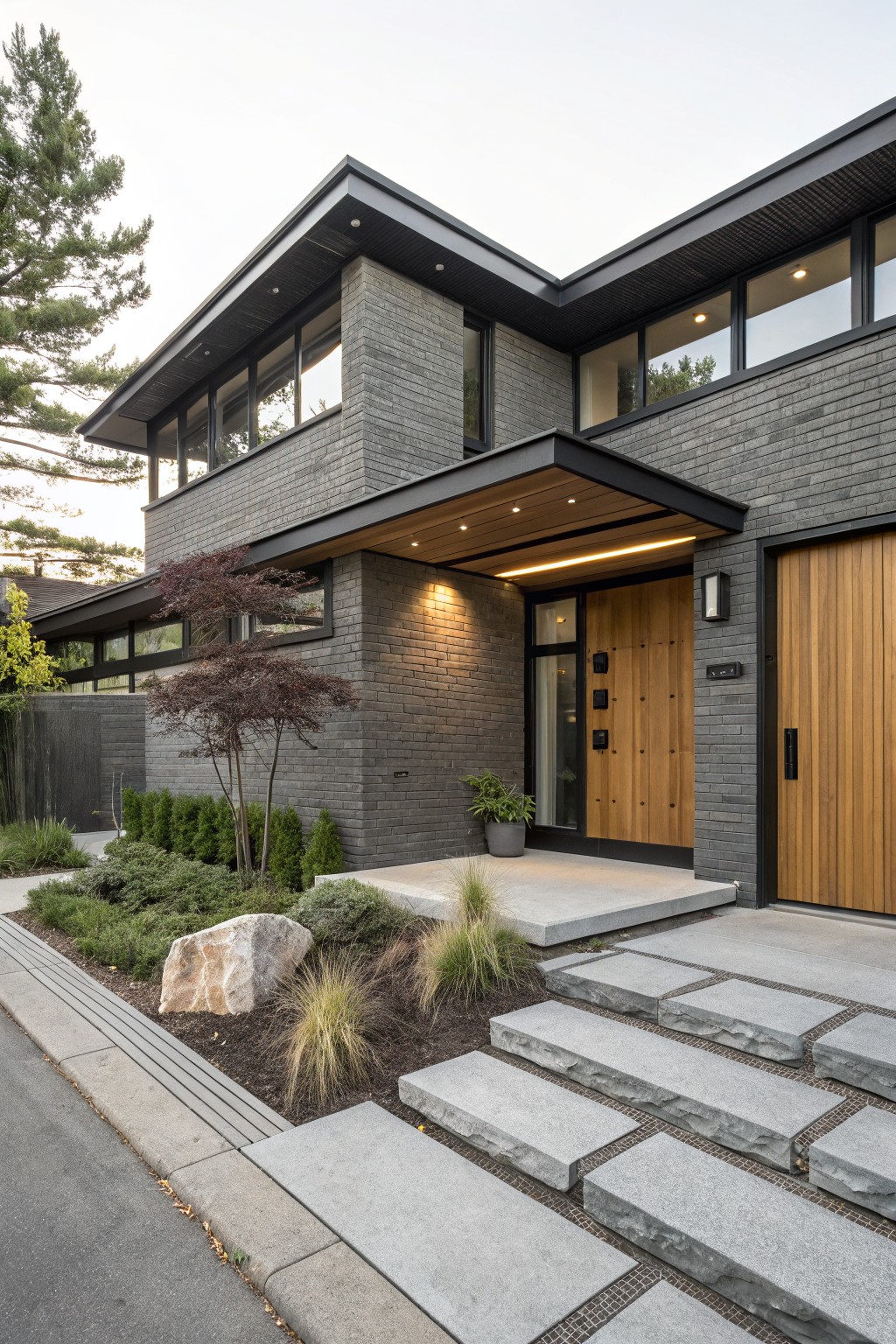 Gray brick modern house exterior with black cantilevered canopy over wooden entry door, flanked by large garage door, leading to concrete steps from the street amid low landscaping.