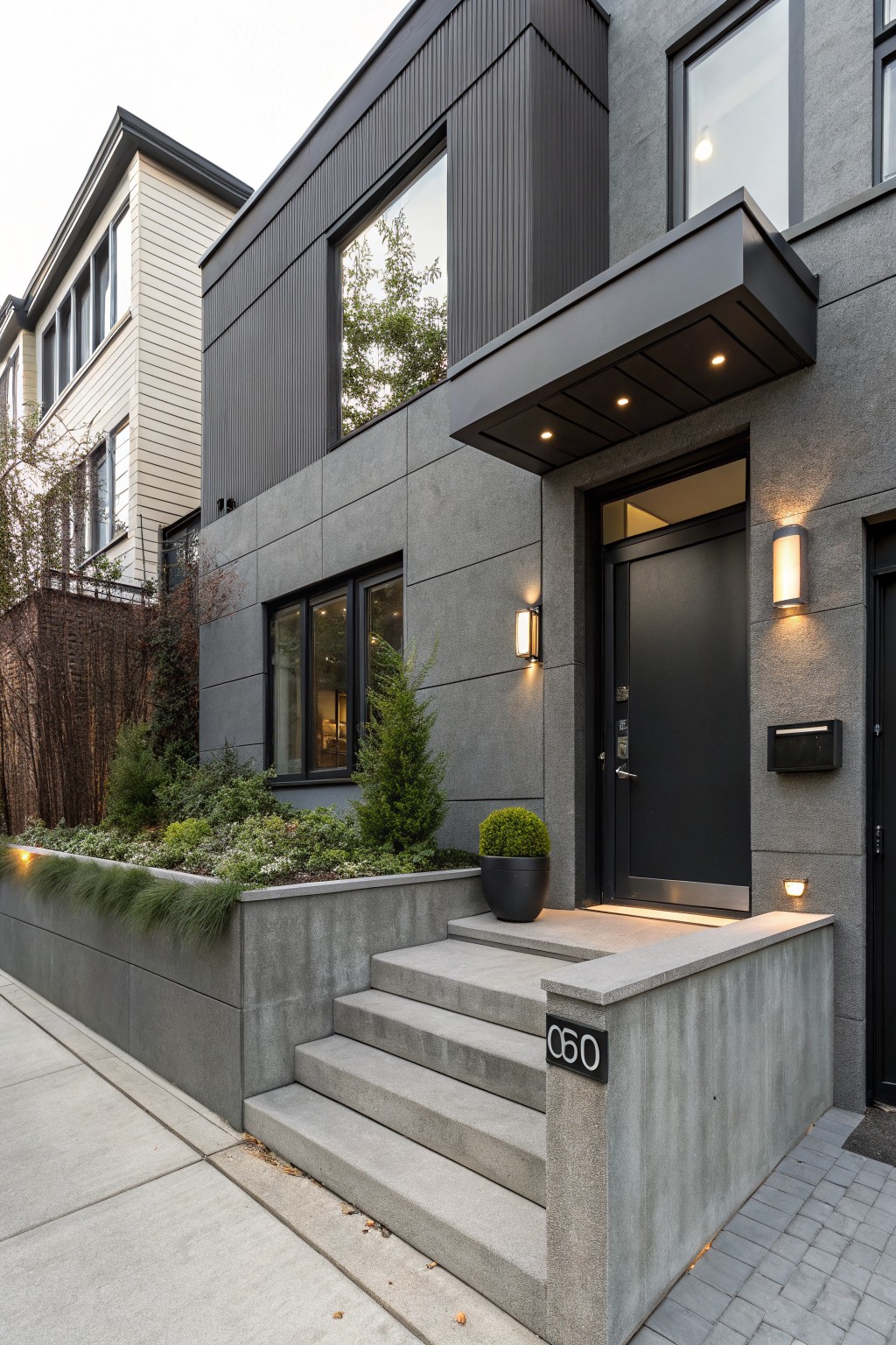 Modern gray house exterior featuring concrete steps leading to a black front door, with low concrete retaining walls holding plants, flanked by wall-mounted lights, and a neighboring traditional house visible.
