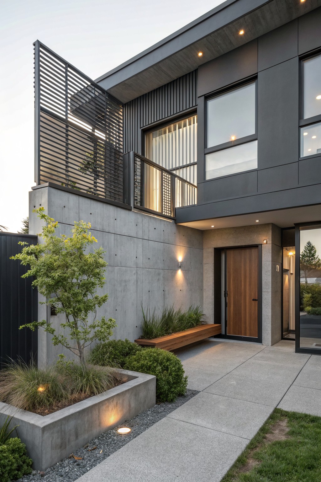 Modern house exterior with gray cladding and vertical slats, exposed concrete walls and planters, wooden entry door and bench, grasses, pathway, and dusk lighting.