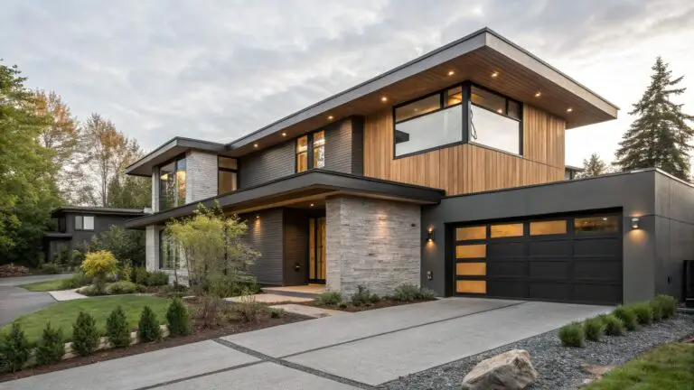 Two-story modern house with dark gray vertical siding, light wood overhang and entry door, large black-framed windows, stone-clad garage door, concrete pavers, gravel garden beds, and low shrubs.