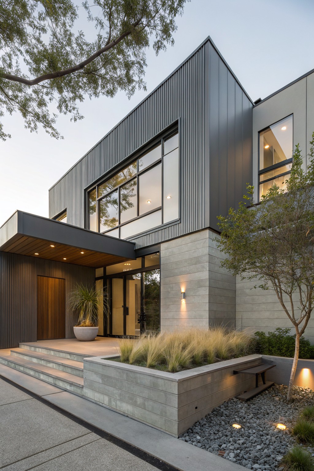 Modern two-story house exterior with dark gray corrugated metal siding on the main facade, light gray concrete block walls, large horizontal windows, a cantilevered entry canopy with wood ceiling, glass entry doors, and landscaped front yard with ornamental grasses, pebbles, and low lights.