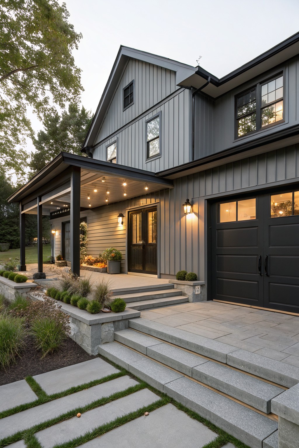 Two-story modern gray board-and-batten house exterior with covered porch, black garage doors, pendant lights, stone steps, and low grass plantings at entry.