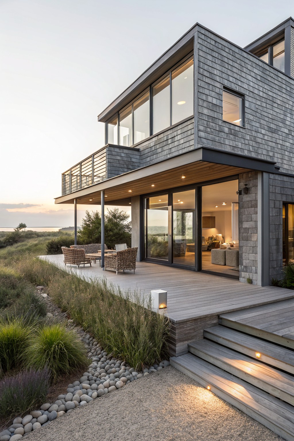Modern two-story house with dark gray shingle siding, black-framed windows and sliding glass doors opening to a wooden deck with woven outdoor furniture, surrounded by beach grasses, pebbles, and steps, viewed from the side at dusk near dunes and water.