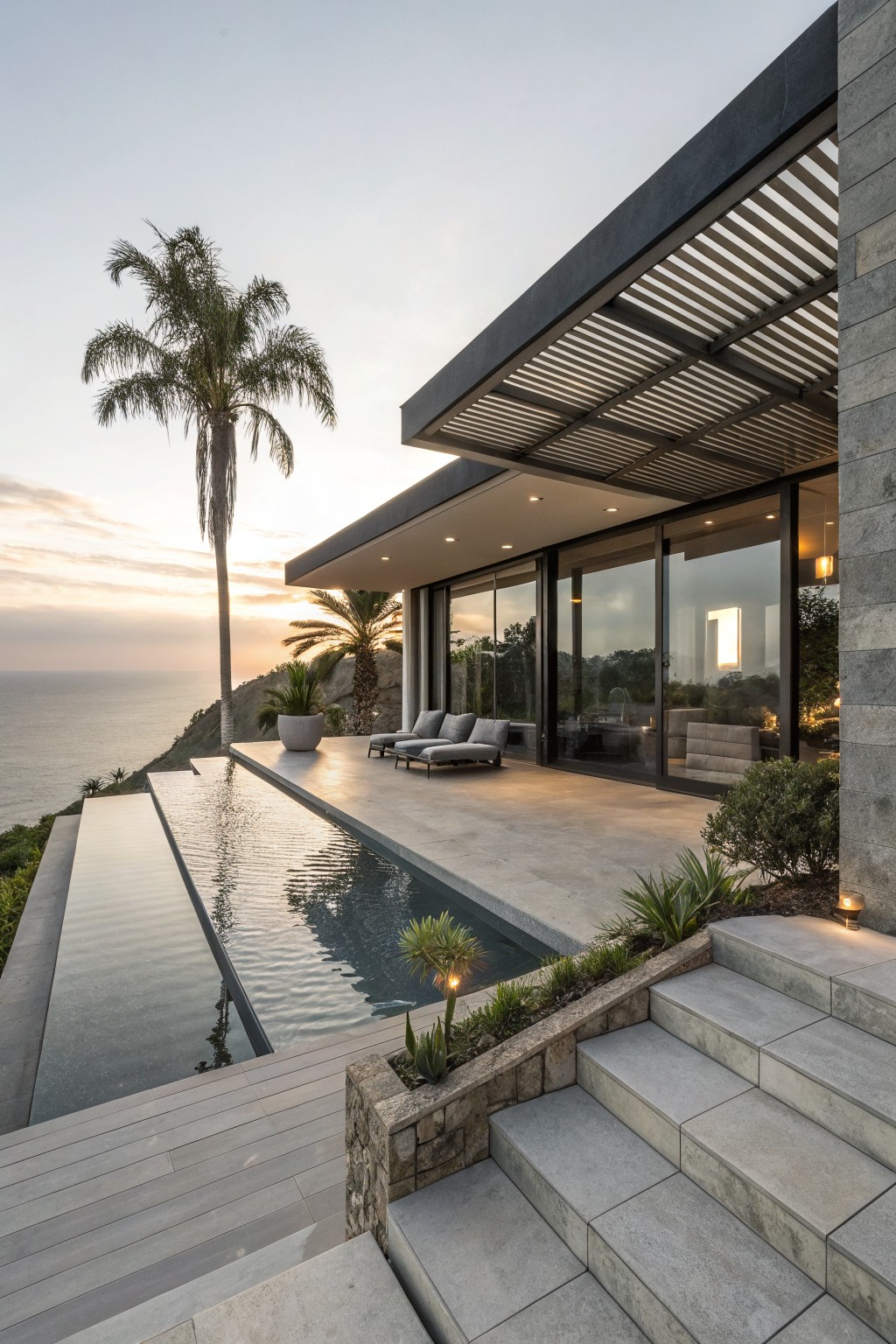 Modern gray stone house exterior featuring a cantilevered louvered overhang, large glass sliding doors, infinity edge pool on a terrace with lounge chairs, overlooking cliffs and ocean at sunset.