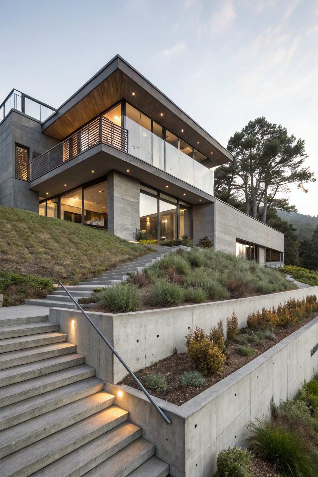 Gray board-formed concrete house on a hillside with cantilevered wood ceiling, large glass windows, metal railings, concrete stairs with integrated lighting, and native plantings along retaining walls.