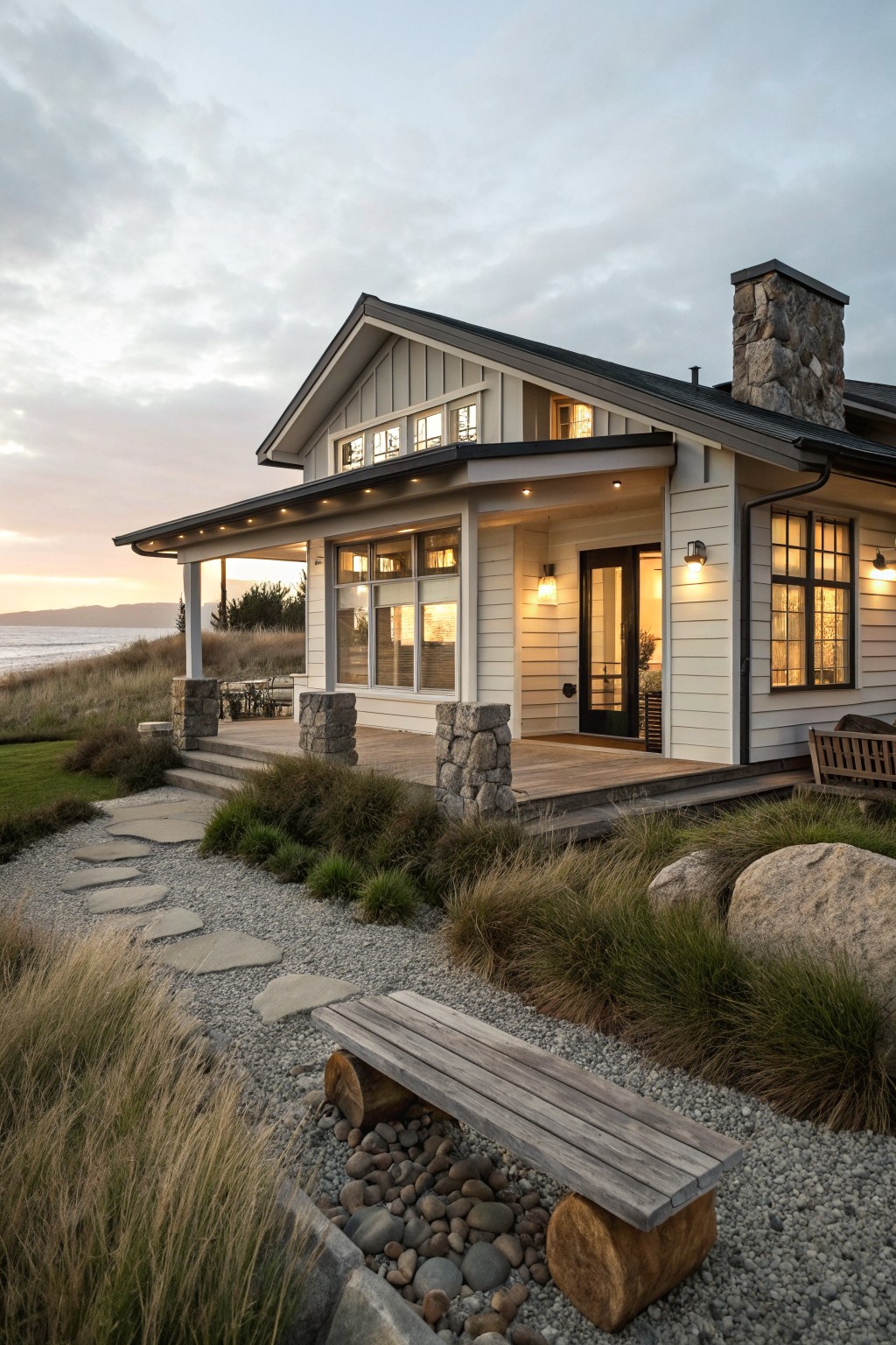 Light gray shingle house exterior with tall stone chimney, stone porch pillars, wraparound wooden deck, pathway through grasses leading to entry, ocean view at dusk.