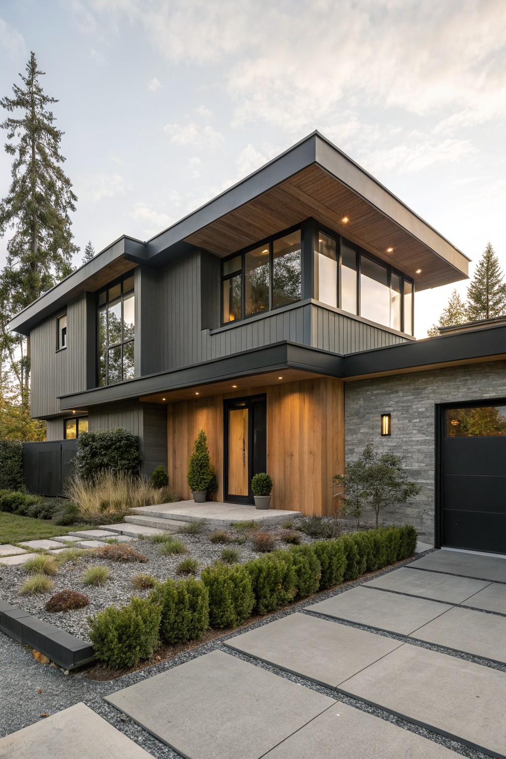 Two-story modern house with dark gray vertical siding, light wood overhang and entry door, large black-framed windows, stone-clad garage door, concrete pavers, gravel garden beds, and low shrubs.