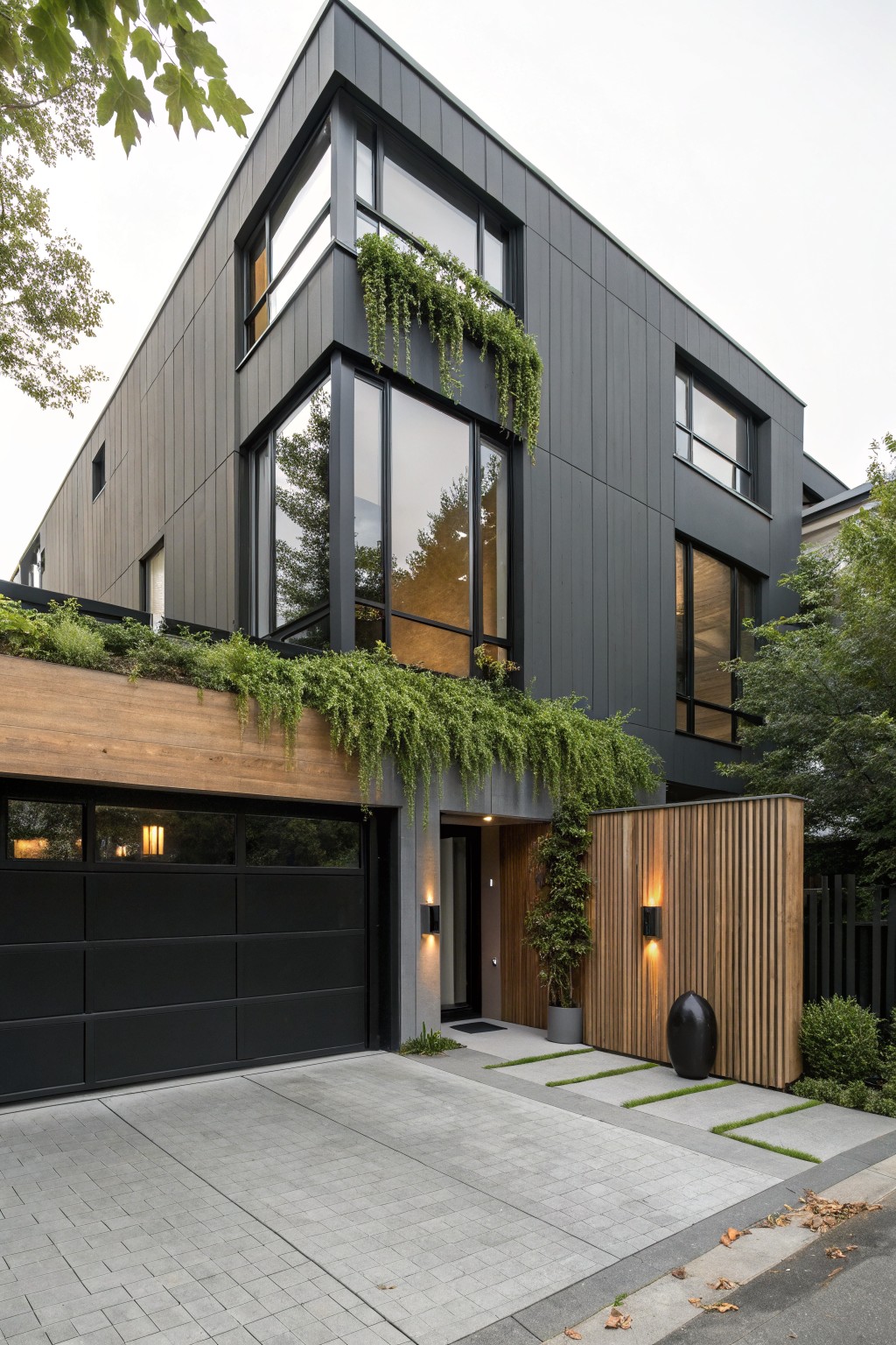 Two-story modern house exterior with dark gray vertical cladding, large glass corner windows, wooden garage door, wooden entry portal with wall lights, trailing plants on upper walls, and concrete driveway with pavers.