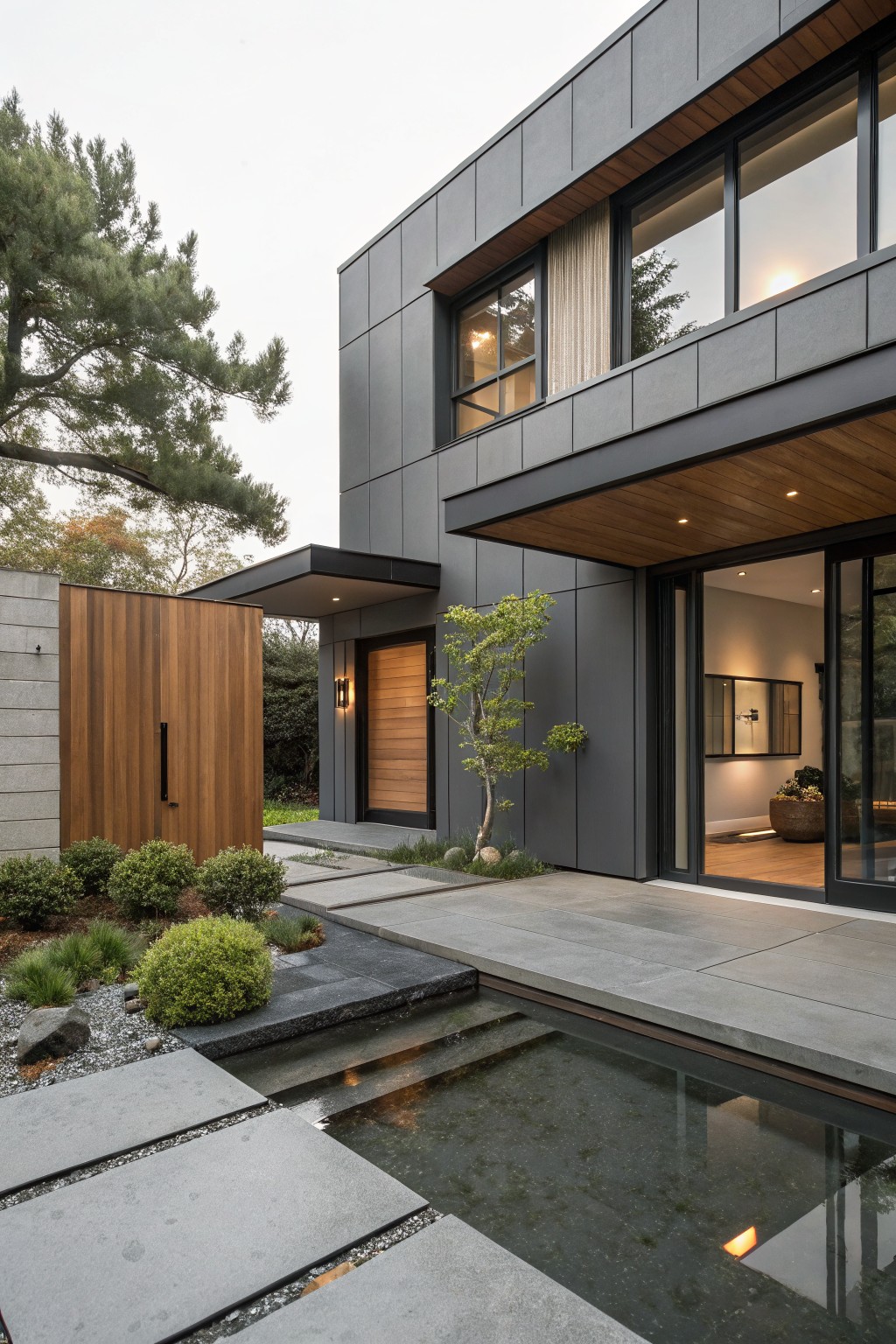 Modern gray-paneled house exterior with wood-clad overhang, entry door, large sliding glass doors, concrete path, shallow water channel, and surrounding low shrubs and trees.