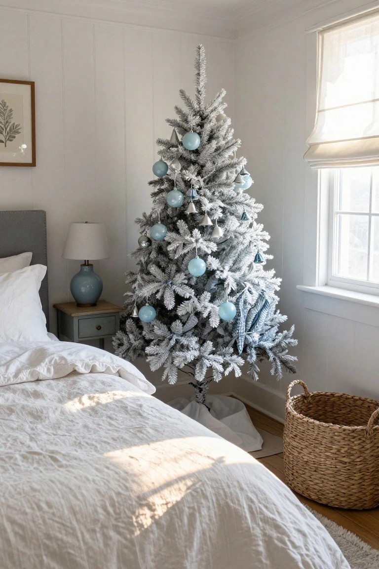 Bedroom corner with a tall flocked white Christmas tree decorated in blue glass ornaments and silver bells, beside a bed with white linens, wood nightstand holding a blue lamp, and window with beige shades.