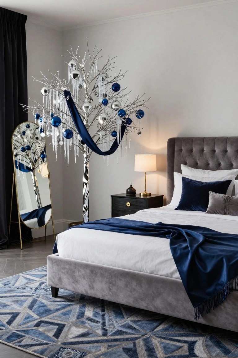 A contemporary bedroom with a tall artificial Christmas tree of silver branches decorated in blue and silver ornaments, positioned beside a full-length gold-framed mirror and next to a gray velvet upholstered bed with navy bedding.