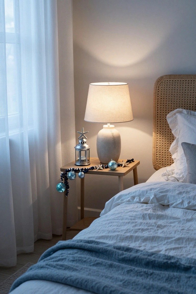 Bedroom corner showing a wooden bedside table with white ceramic lamp, silver lantern, blue and silver Christmas baubles and garland draped over it, rattan headboard bed with white linens, and sheer white curtains on window.