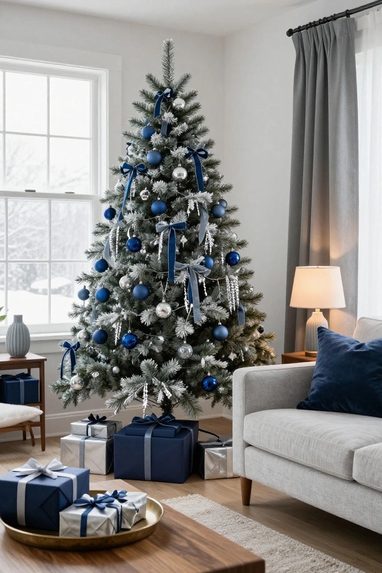Flocked Christmas tree decorated with navy blue baubles, silver ornaments, and ribbons in a modern living room corner with gray sofa, wrapped gifts in blue and silver, side table, lamp, and window showing snow outside.