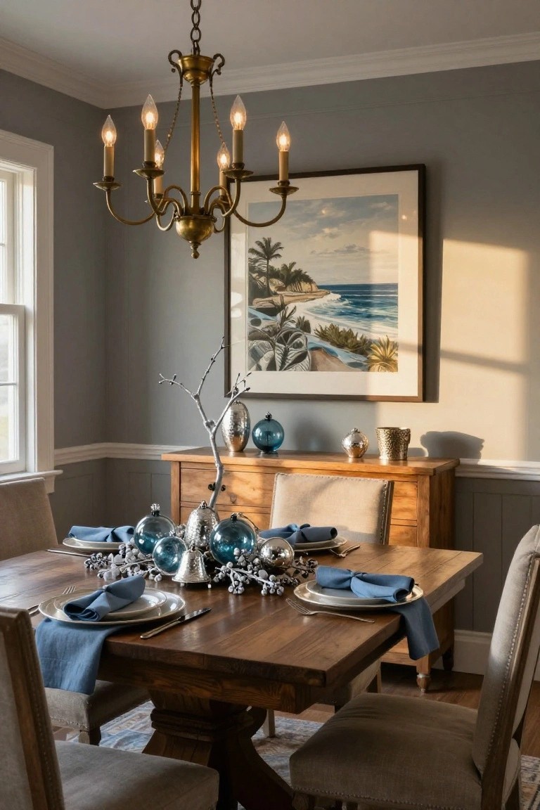 Dining room with wooden trestle table set for holidays using blue glass ornaments, silver branches, blue napkins, and plates, four upholstered chairs around it, brass five-light chandelier above, credenza with vases and painting of beach scene on gray wall.