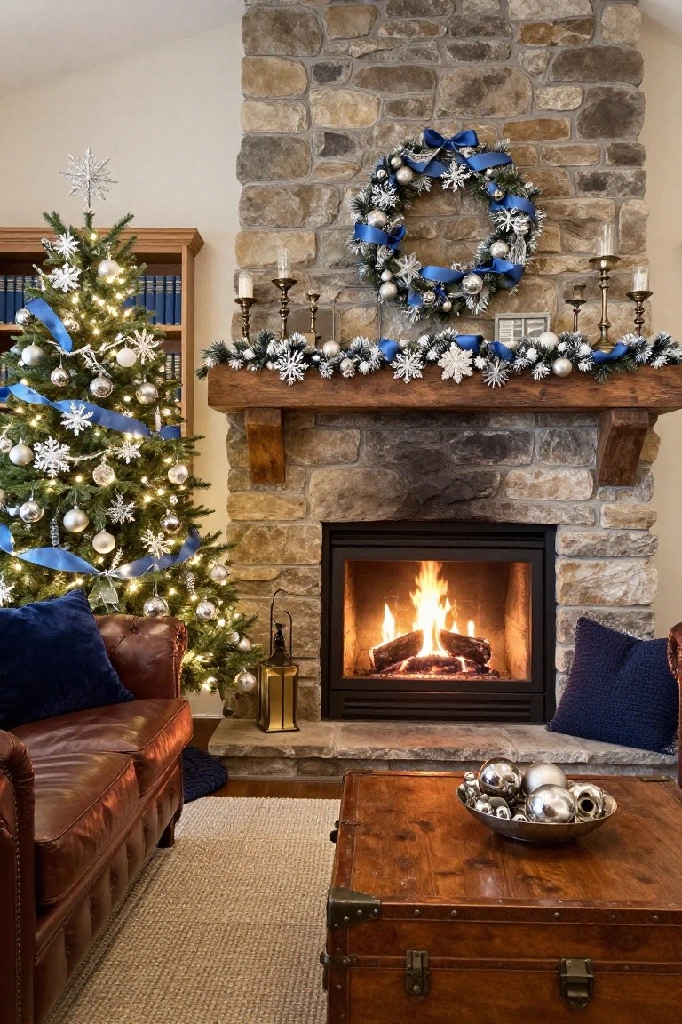 Living room with blue and silver Christmas tree beside stone fireplace, blue wreath and garland on wooden mantel above lit fire, leather sofa, wooden coffee table holding silver ornaments.