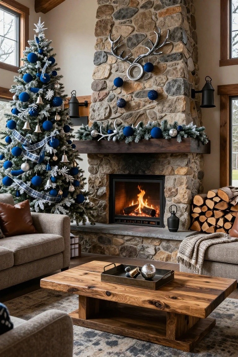 Living room interior with a tall blue flocked Christmas tree decorated in blue and silver ornaments next to a stone fireplace with burning logs, neutral upholstered sofa, wood coffee table, and blue garland on mantel.