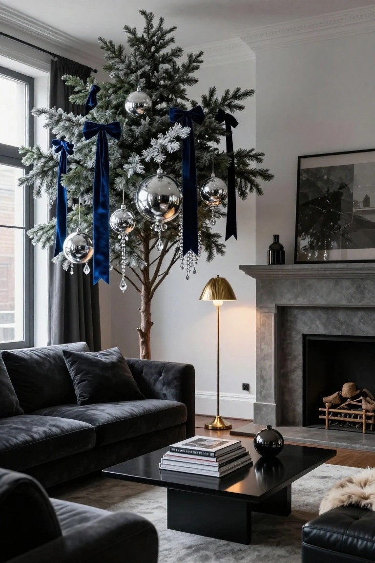 Living room with tall flocked Christmas tree decorated with large silver baubles and navy blue velvet ribbons hanging from branches, dark gray velvet sofa, black coffee table stacked with books, gold floor lamp, and gray stone fireplace with lit logs.