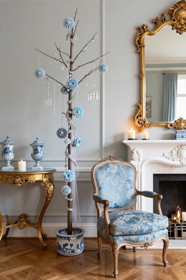 Tall bare branch Christmas tree decorated with light blue fabric dahlia flowers, silver chains, and crystal strands in a light gray interior room with blue upholstered armchair, marble fireplace, gilded table, and blue and white porcelain vases.
