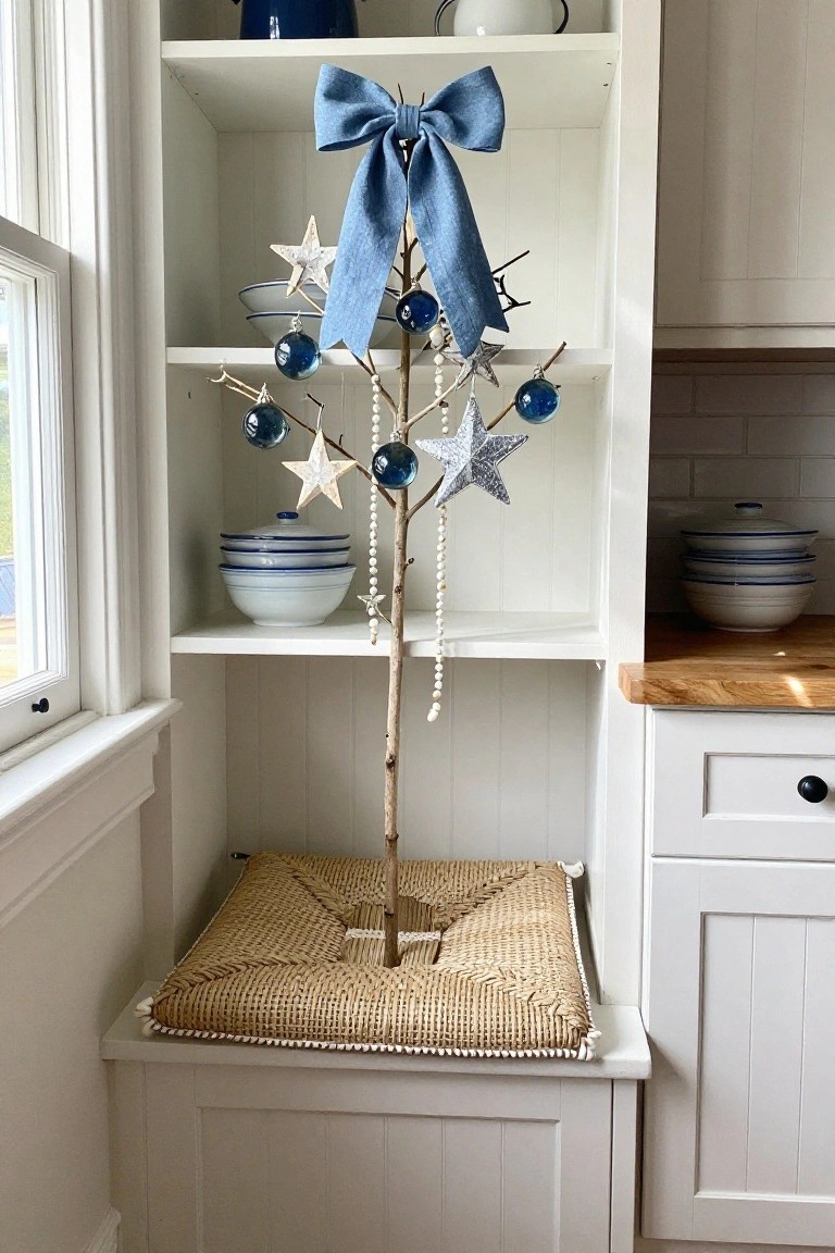 Driftwood Branch Christmas Tree on Kitchen Shelves