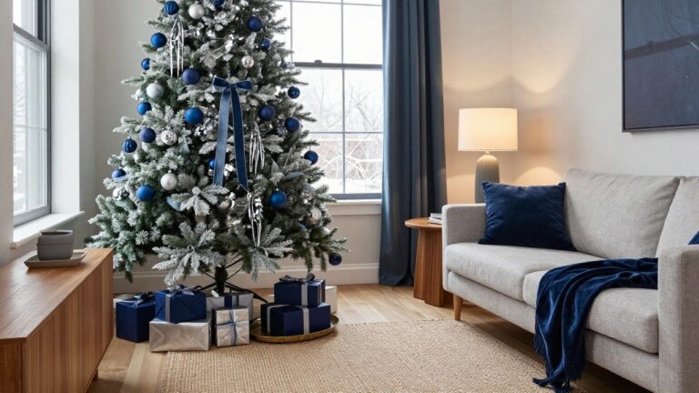 Flocked Christmas tree decorated with navy blue baubles, silver ornaments, and ribbons in a modern living room corner with gray sofa, wrapped gifts in blue and silver, side table, lamp, and window showing snow outside.