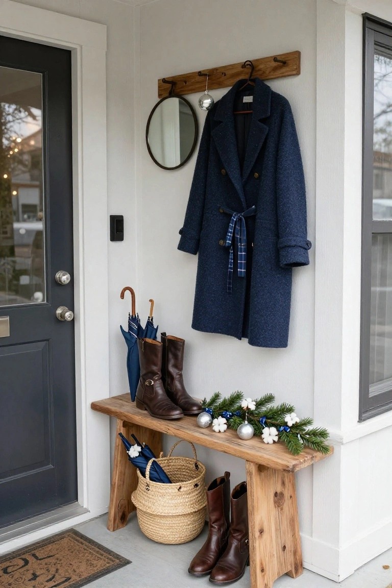 Front entry porch area with dark blue front door, wooden wall hooks holding a navy coat and umbrellas, round mirror, black door chime, wooden bench with brown boots underneath and blue and silver Christmas garland on top, wicker basket with blue umbrellas, and seagrass doormat.