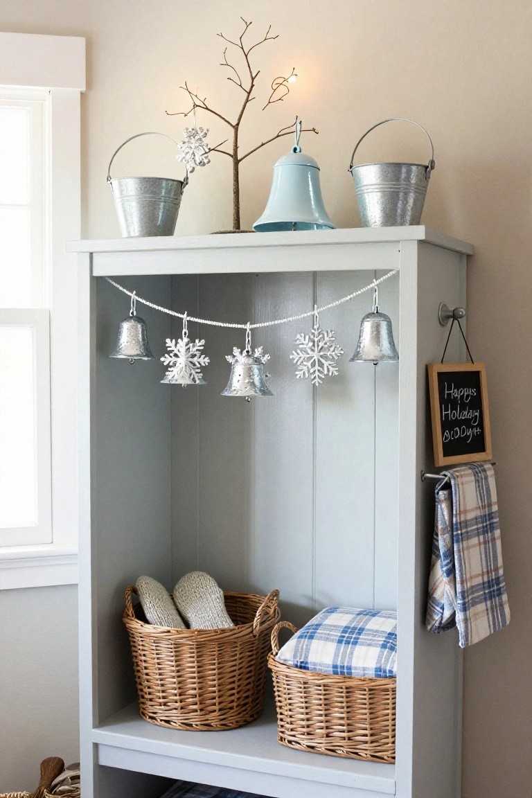 Gray open shelving unit holding wicker baskets with slippers and plaid pillows, topped with galvanized buckets and a blue bell, decorated with silver bells and snowflakes garland, plaid towel, and Happy Holidays chalkboard sign.