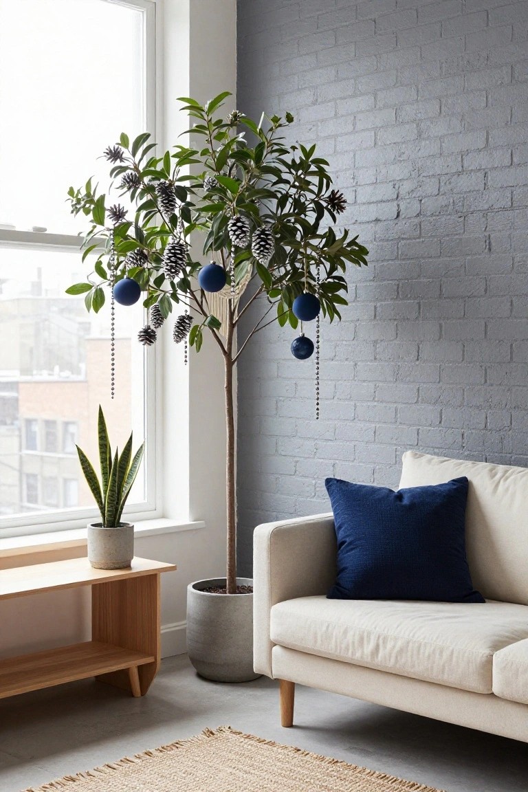 Tall potted plant with green leaves decorated with blue baubles, pinecones, and bead strands in a modern living room corner next to a beige sofa, wooden bench, gray pot with snake plant, and exposed brick wall.