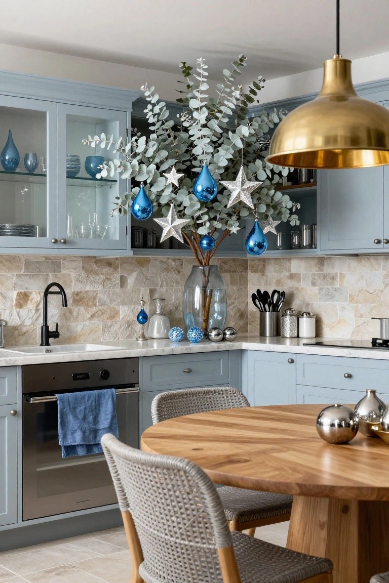 Modern kitchen with light blue cabinets, stone backsplash, stainless appliances, and Christmas decorations including eucalyptus branches in a vase with blue baubles and silver stars hanging from them, plus a round wooden table with rattan chairs.