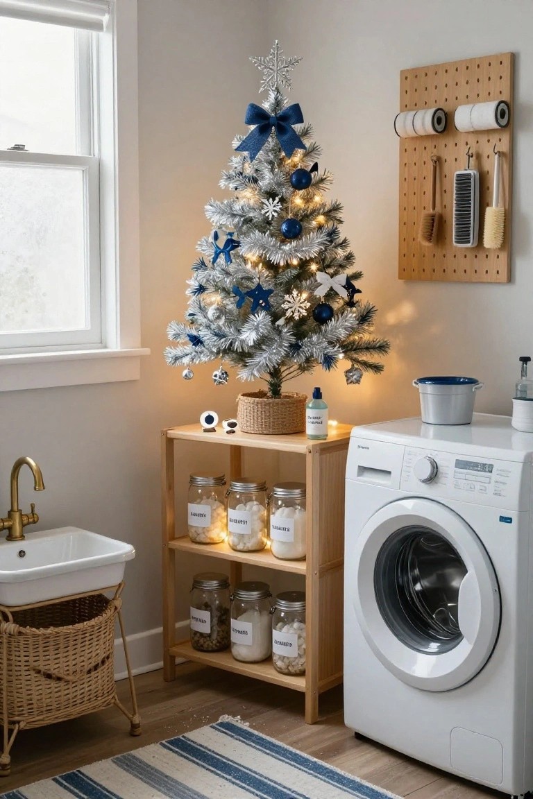 Small artificial silver Christmas tree with blue ornaments and lights placed next to a white front-loading washer in a laundry room featuring wooden shelves with labeled glass jars, a utility sink, and a pegboard wall.