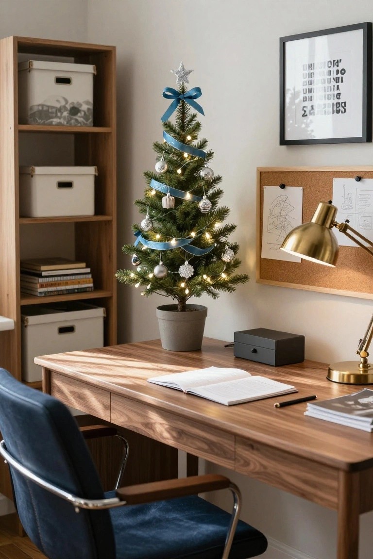 A small potted Christmas tree decorated with blue ribbon, silver ornaments, and string lights stands next to a wooden desk in a home office with navy chair, bookshelves, corkboard wall, and brass lamp.