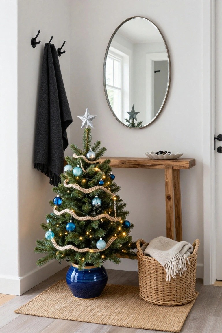 Small potted Christmas tree decorated in blue and silver baubles with rope garland and lights stands in white entryway corner next to wooden console table, oval mirror, black wall hooks with gray towel, and wicker basket with beige throw on seagrass rug.