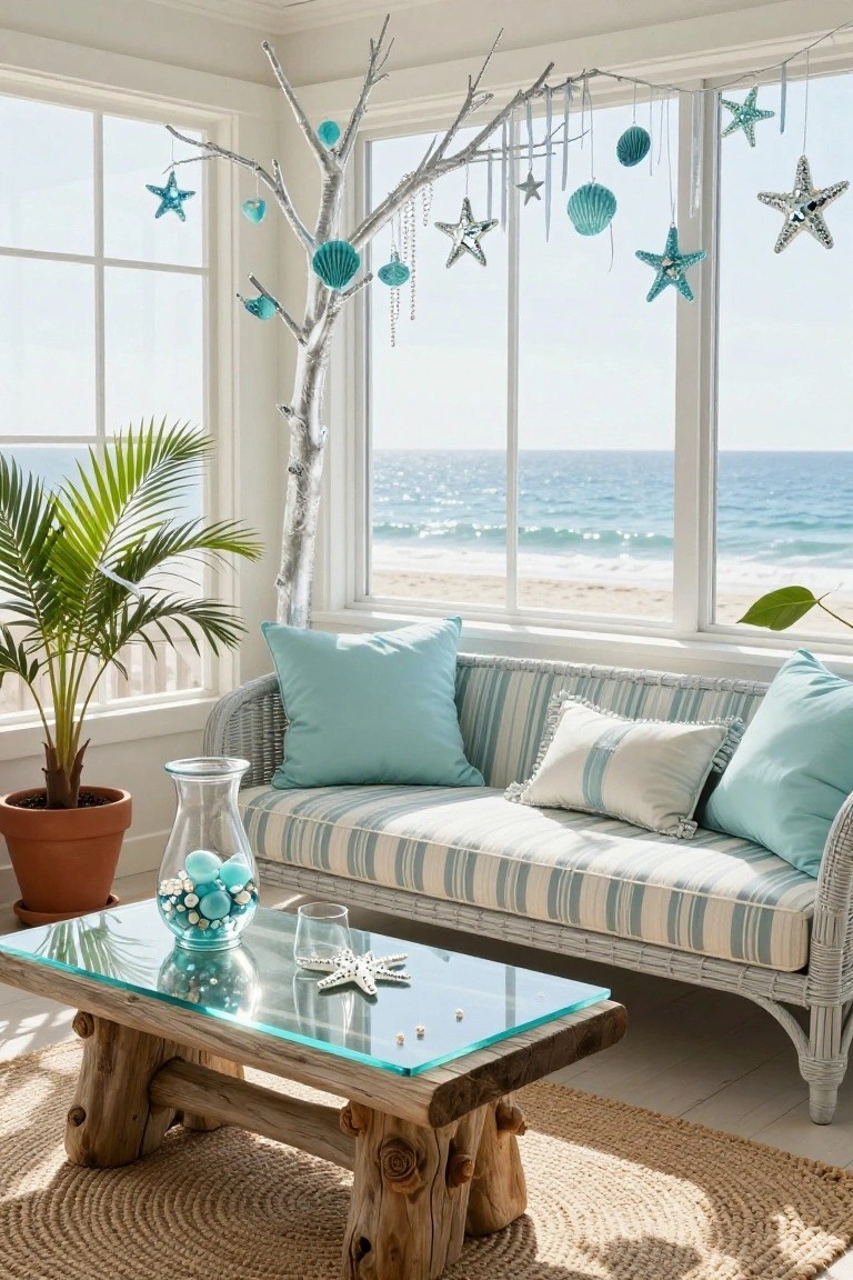 Sunlit sunroom interior with ceiling-suspended silver branch tree decorated in teal shells, starfish, and star ornaments, white wicker sofa with turquoise pillows, glass coffee table holding blue glass balls, potted palm plant, and large windows overlooking sandy beach and ocean waves.