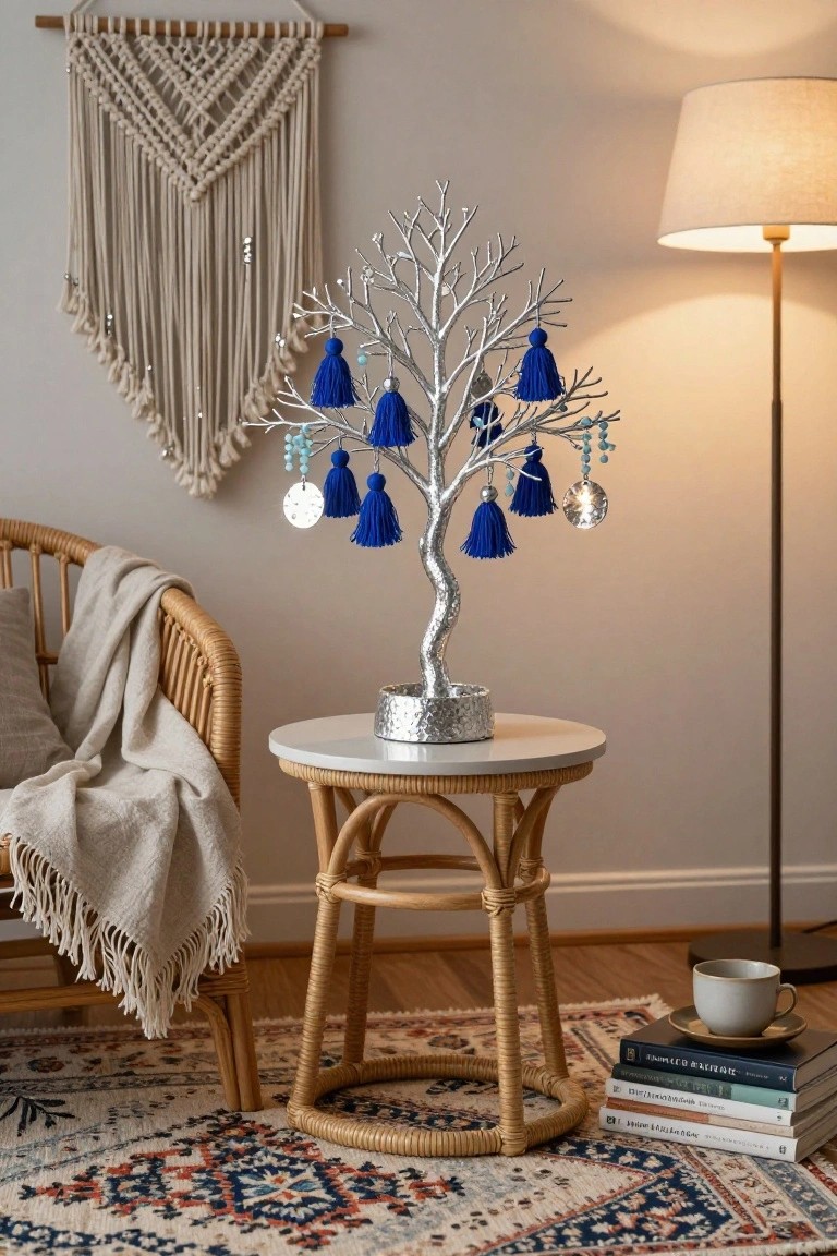 A small metallic silver tree decorated with blue tassels, beads, and round ornaments stands on a white round table in a beige-walled living room corner next to a rattan armchair with a gray throw, macrame wall hanging, floor lamp, books, teacup, and patterned rug.