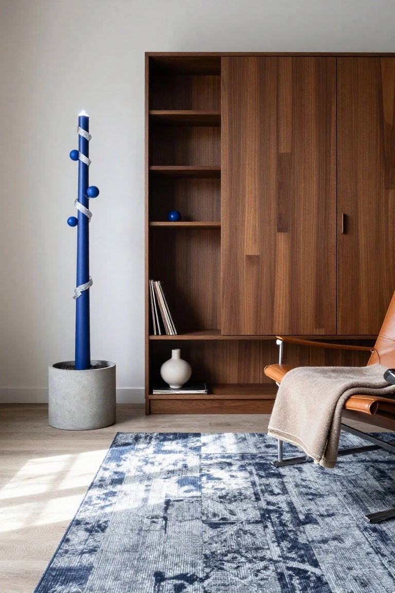Tall lit blue candle wrapped in silver ribbon with blue spheres stands in a concrete pot next to wooden shelving unit, white vase, books, leather armchair with throw, and blue rug in modern interior.